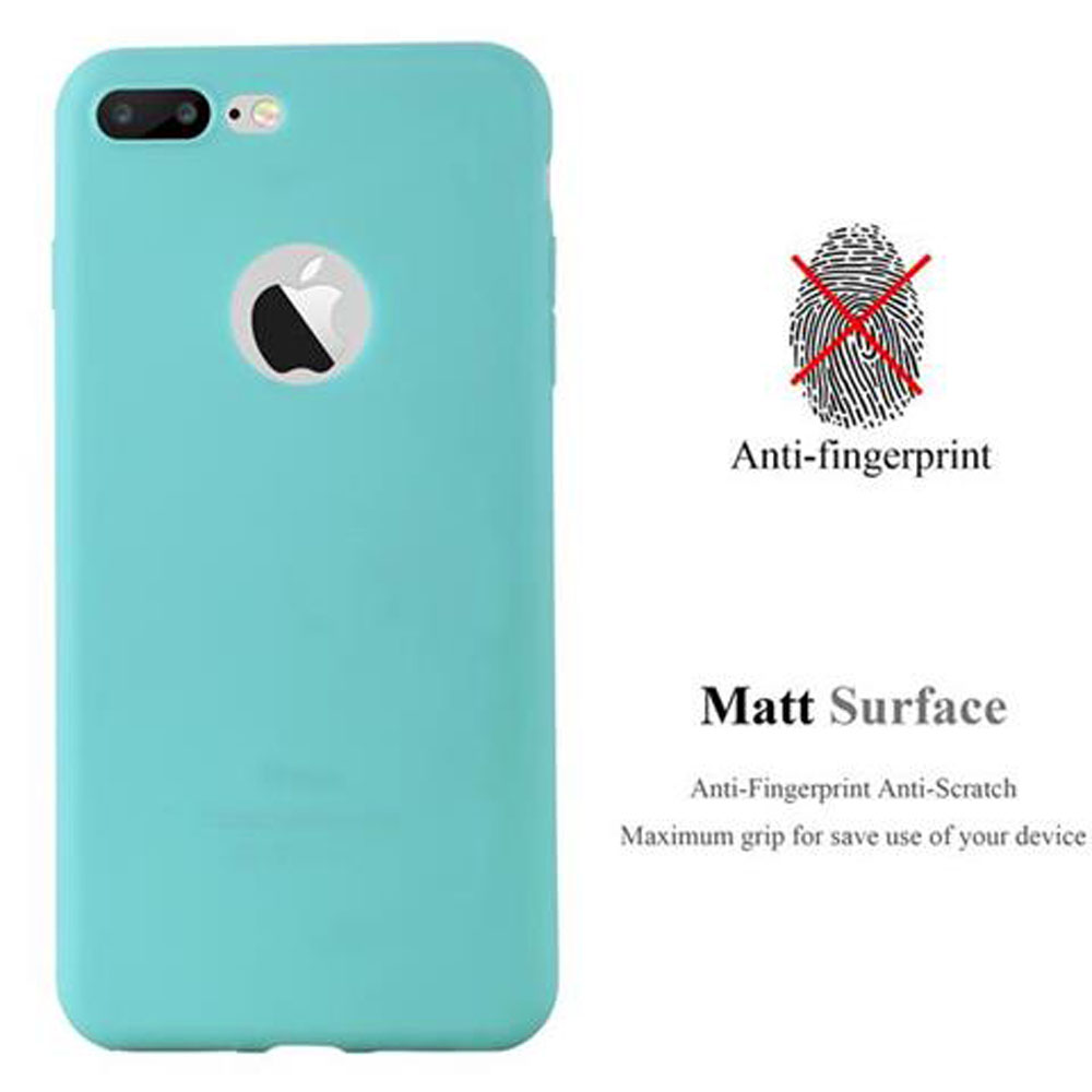 Custodia per telefono color acqua marina con logo Apple. Simbolo di impronta digitale barrato. Testo: Anti-impronte, superficie opaca.