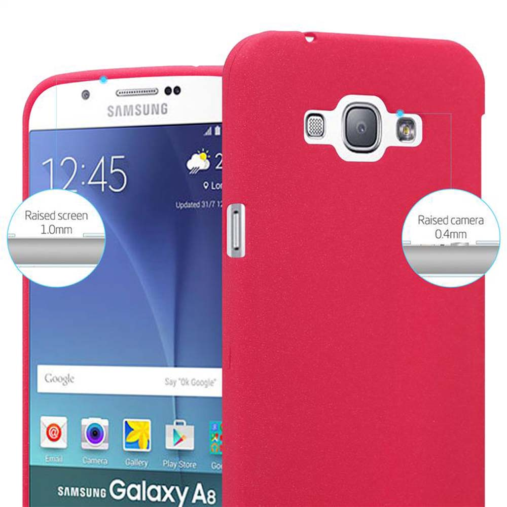 Una custodia rossa e un telefono che mostra il suo schermo. Testo: Galaxy A8.