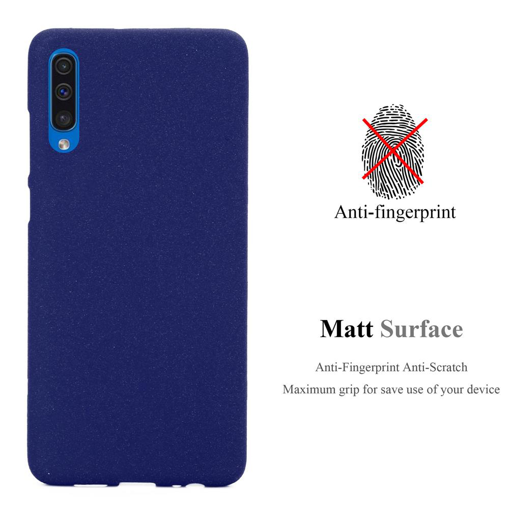 Custodia per telefono blu navy. Sovrapposizione di testo indica anti-impronta e superficie opaca. Simbolo di impronta digitale con una croce.