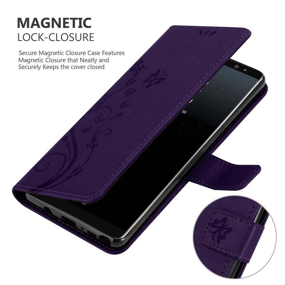 Una custodia per telefono viola con chiusura magnetica, parzialmente aperta.