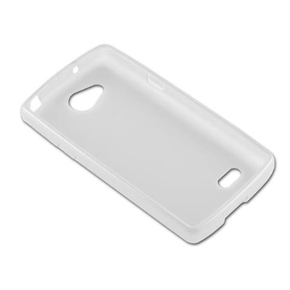 Custodia per telefono bianca con fori per fotocamera, altoparlante e porta di ricarica. Design semplice, vista angolata.