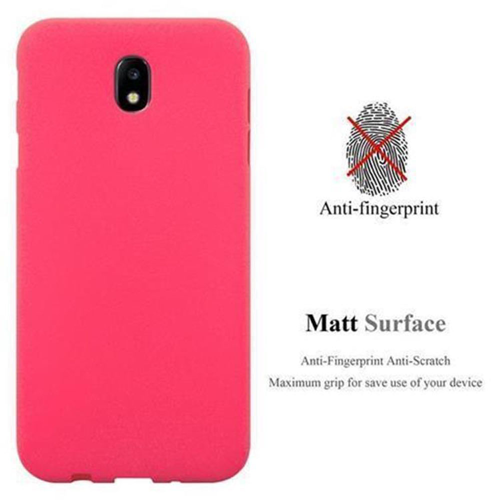 Custodia rossa per telefono con grafica delle impronte digitali. Il testo dice anti-impronte e superficie opaca.