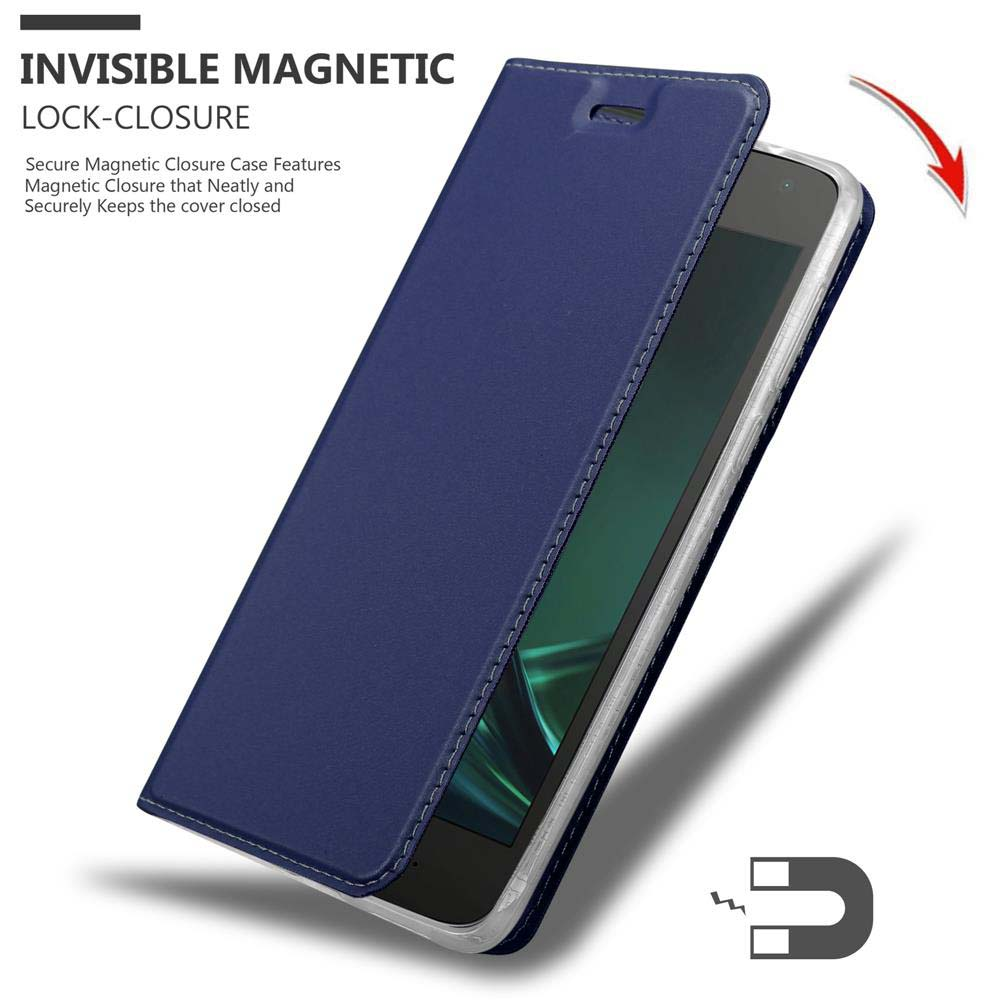Una custodia per telefono blu navy con chiusura magnetica. Testo sopra: 'Invisible Magnetic Lock-Closure'.