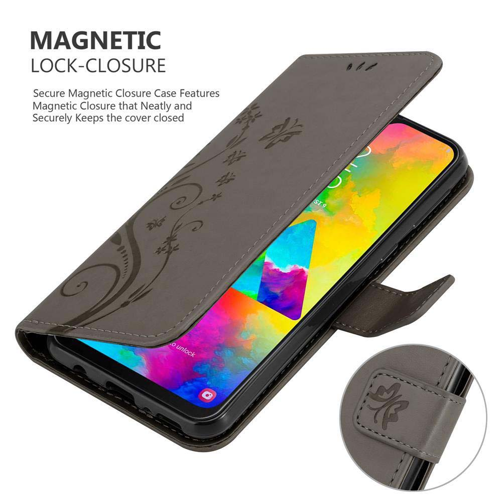 Custodia grigia aperta con telefono. Chiusura magnetica visibile. Design floreale sulla cover.