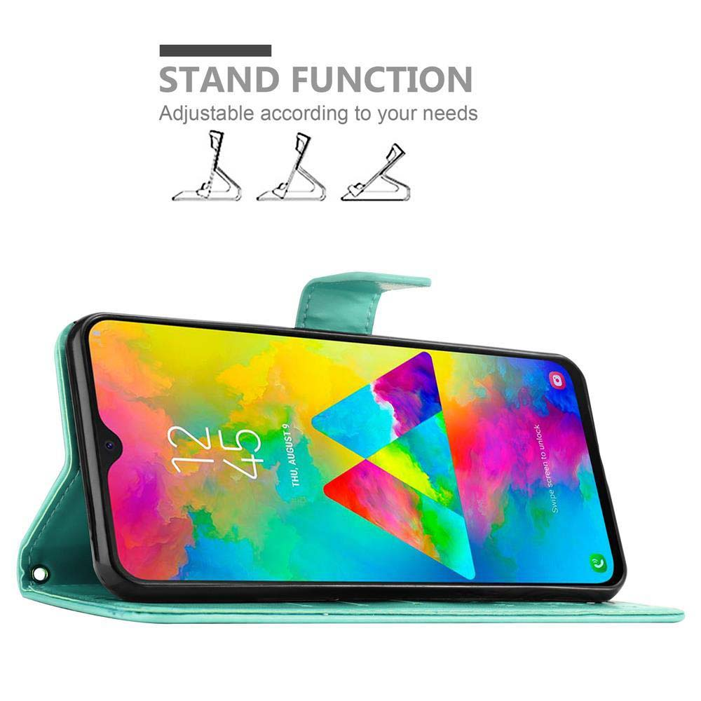 Un telefono è in una custodia, aperto per rivelare lo schermo. Viene mostrato un grafico della funzione stand. Il telefono è su sfondo bianco.
