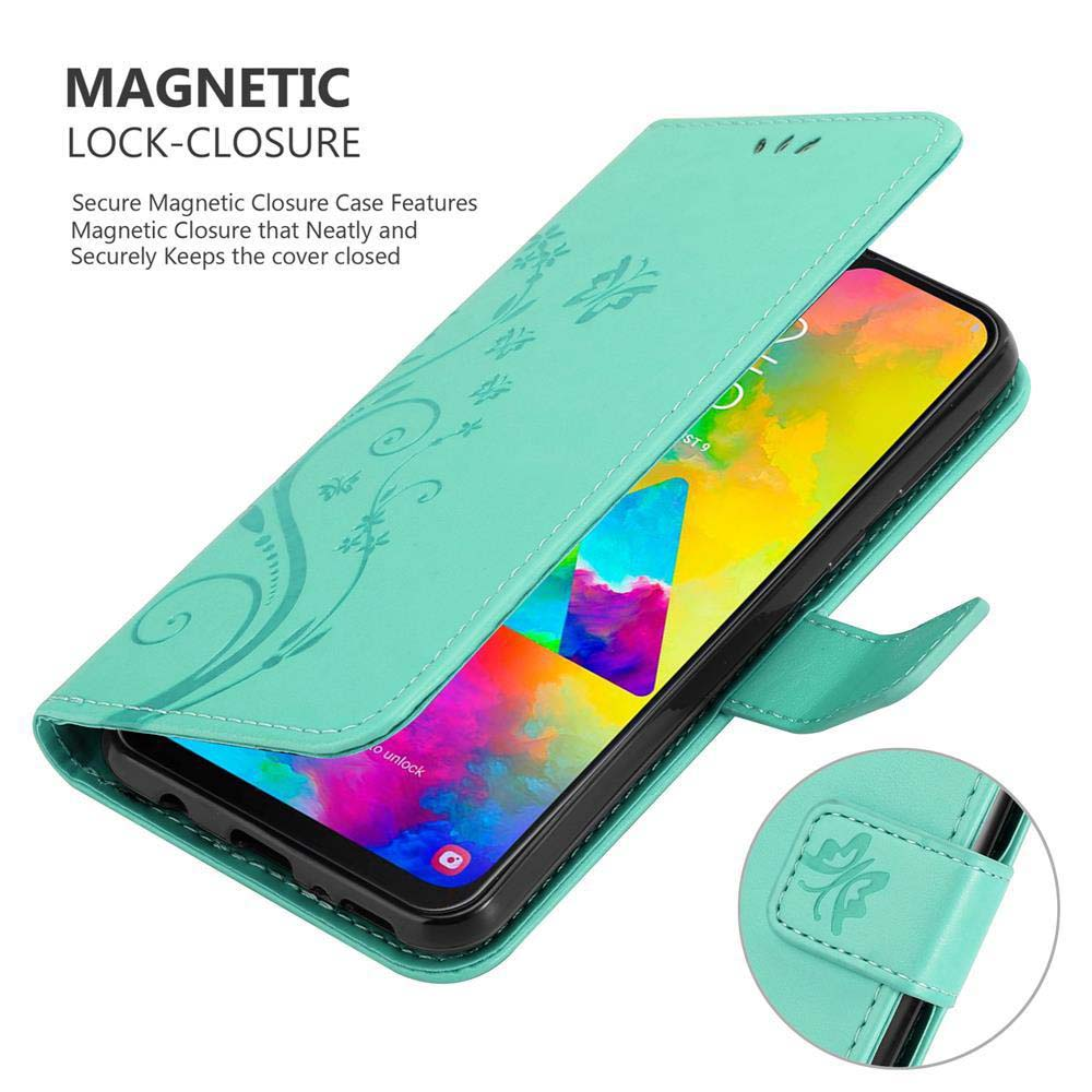 Una custodia per telefono verde acqua aperta con design floreale, che mostra lo schermo del telefono.