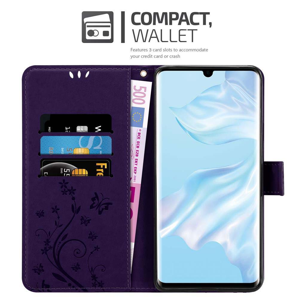 Custodia per telefono viola con telefono, denaro e fessure per carte visibili.