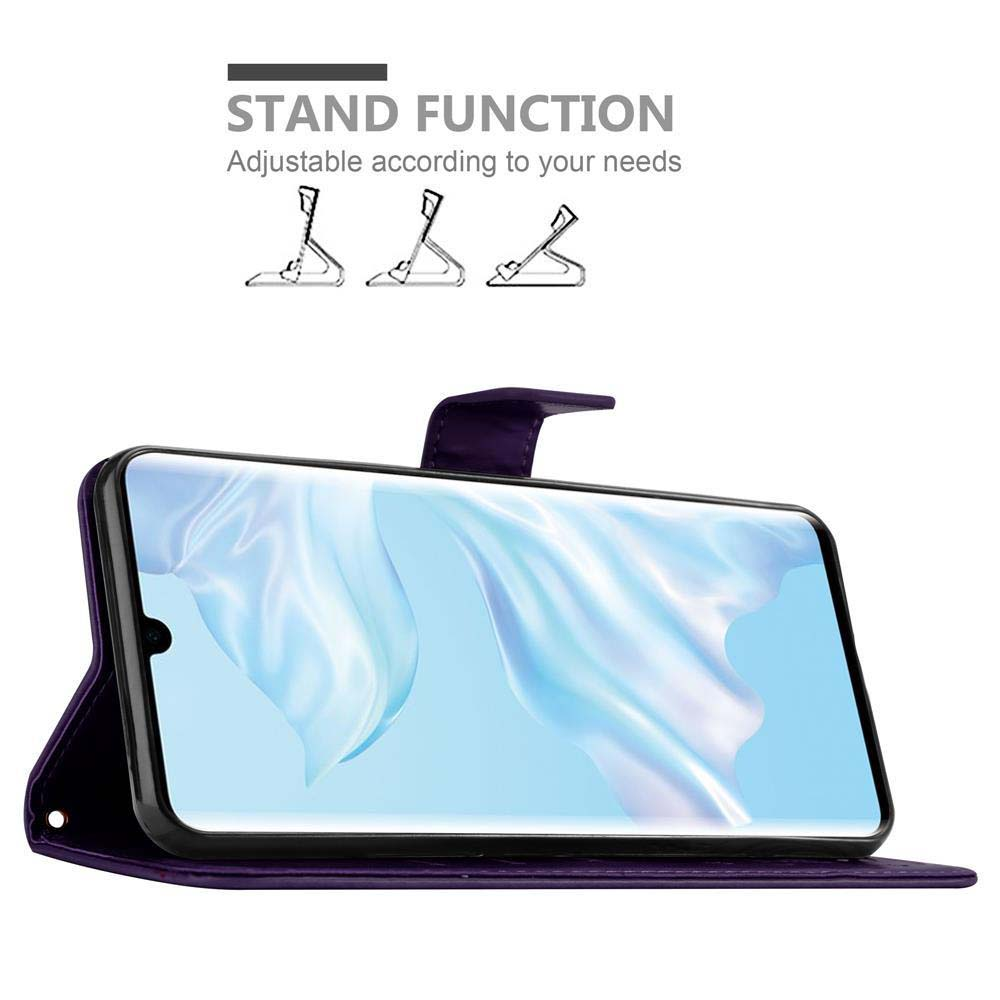 Custodia per telefono viola con un telefono che mostra un'immagine blu e bianca. Testo della funzione stand con icone regolabili presente.