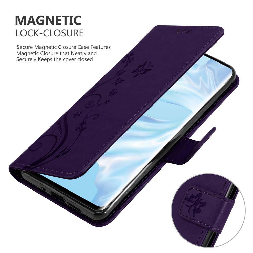 Custodia viola, con telefono dentro, aperta, con chiusura magnetica e design floreale.