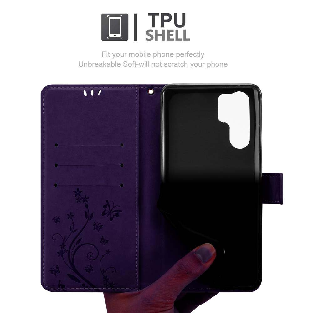 Una custodia per telefono viola con un telefono all'interno. Il telefono è a destra. La custodia è aperta. La custodia ha un design floreale.