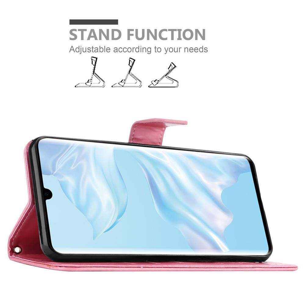 Un telefono in una custodia rosa, aperto, che mostra la funzione stand.