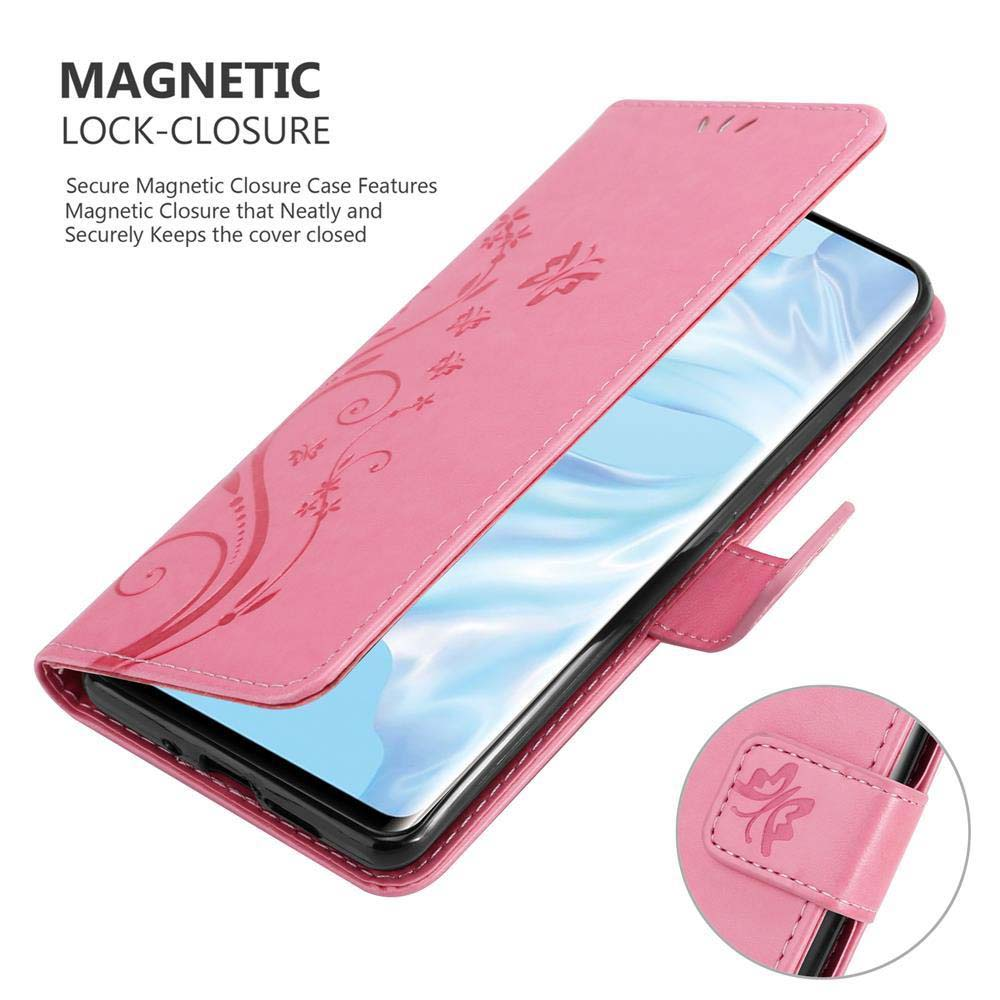 Custodia per telefono rosa con design floreale. Telefono visibile all'interno. Testo: Chiusura magnetica.