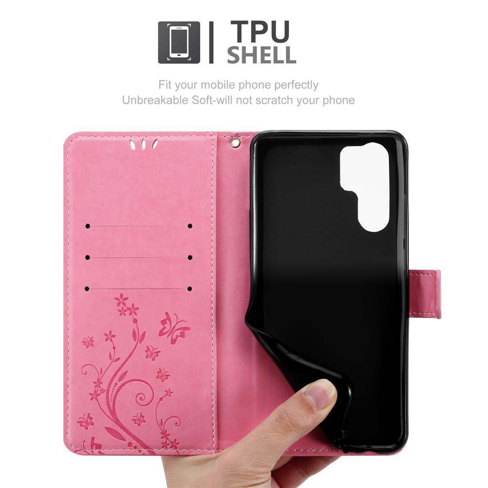 Una custodia rosa per telefono aperta, che mostra un telefono e un design a farfalla. All'interno, ci sono fessure per carte e una chiusura magnetica.