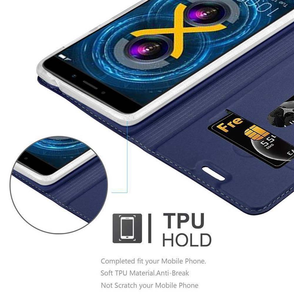 Blaue Handyhülle mit Telefon und Kreditkarte. Text: TPU HOLD. Weich, bruchsicher, kratzfest.