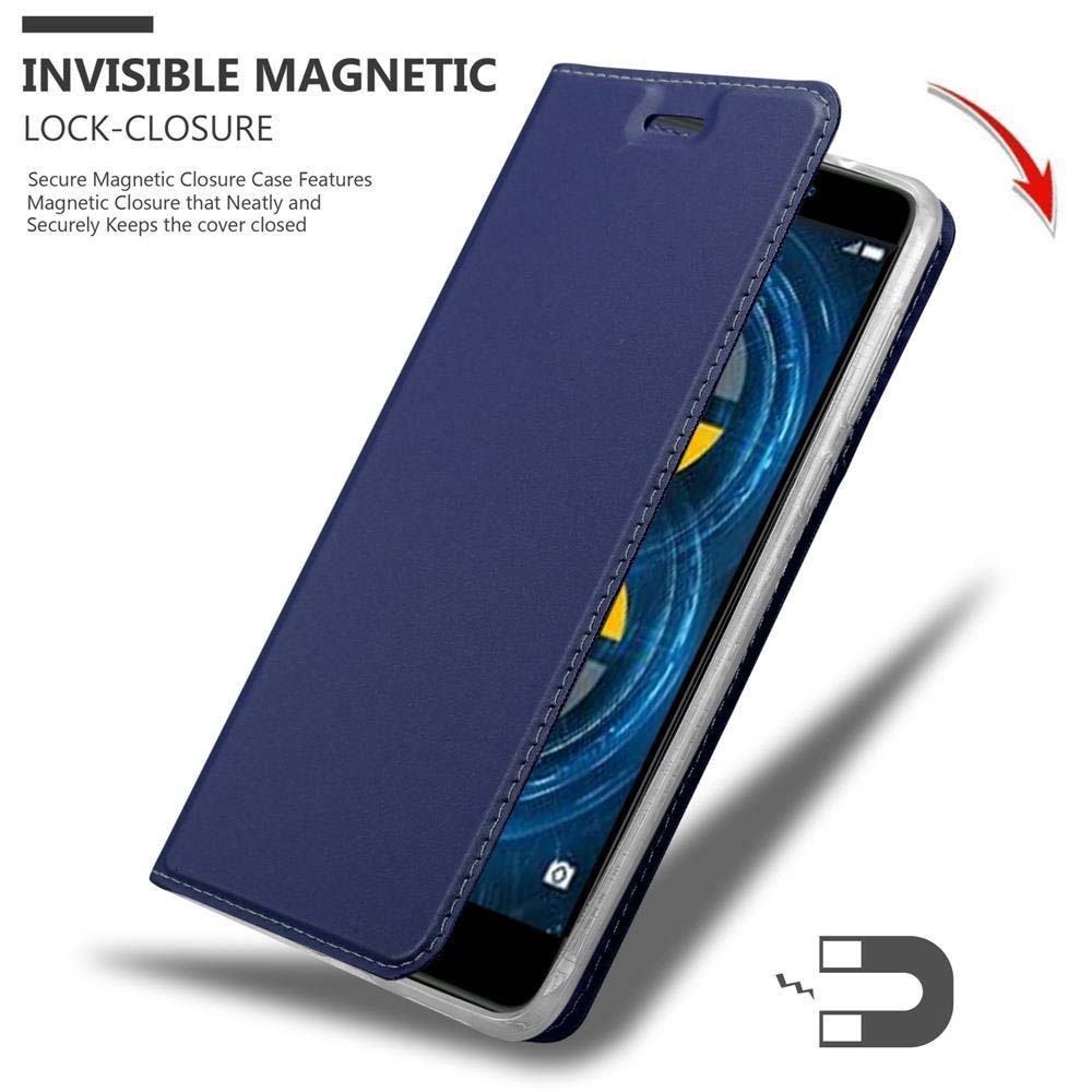 Eine blaue Handyhülle ist offen, mit einem Telefon darin. Unten ist ein Magnet abgebildet. Die Abdeckung ist geschlossen.