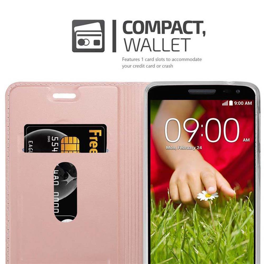 Rosa Brieftaschen-Handyhülle mit Kartenfach, Telefon mit 9:00 Uhr und Kreditkarte.