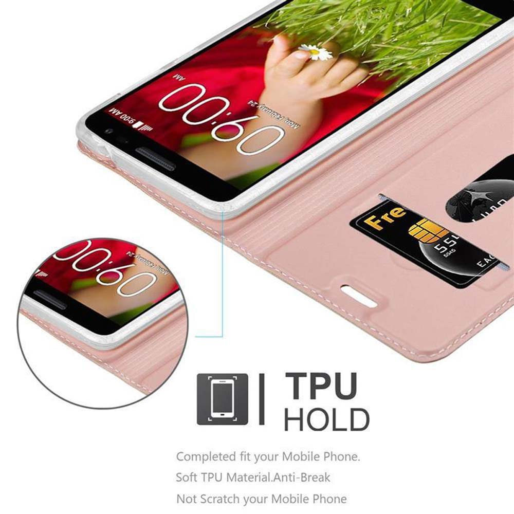 Ein Telefon in einem rosa Gehäuse, offen, zeigt seinen Bildschirm und einen Kreditkartensteckplatz. Der Bildschirm zeigt die Zeit an.