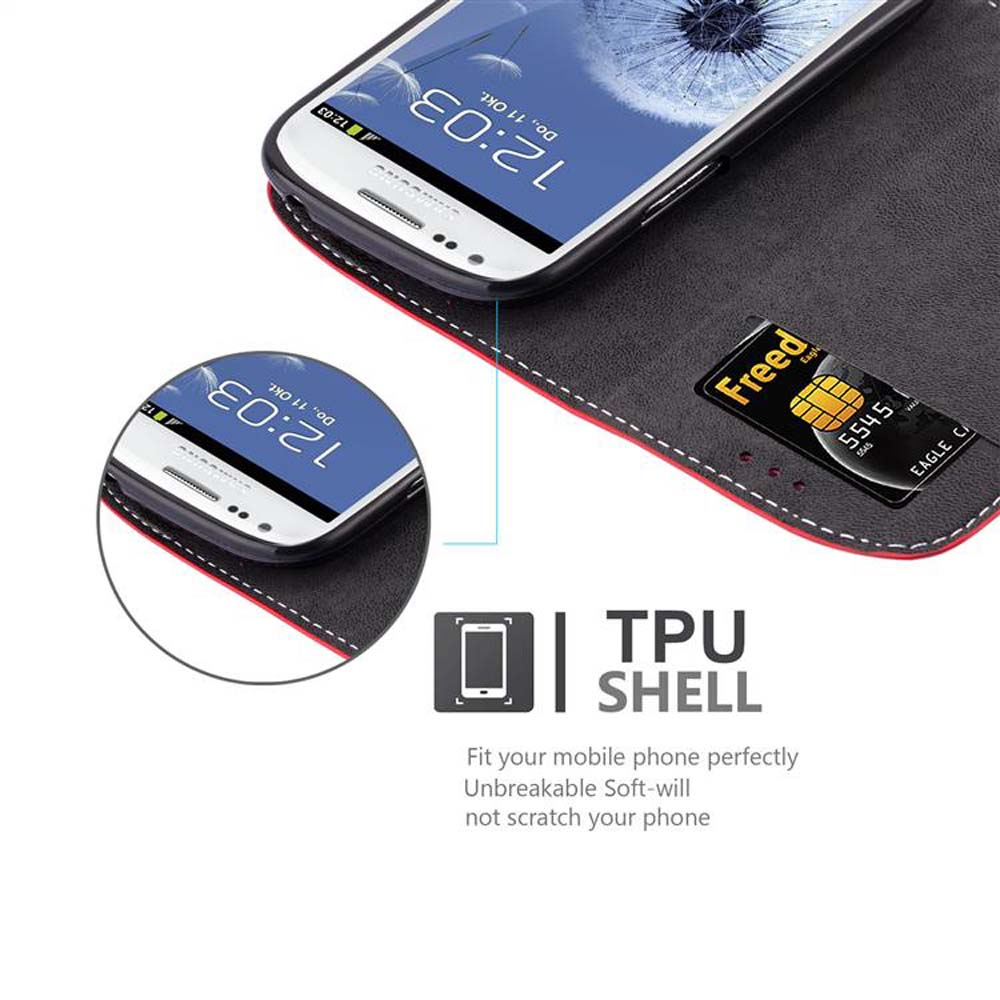 Telefon in Hülle mit eingelegter Kreditkarte. Der Bildschirm zeigt die Uhrzeit 12:03. Text: TPU-Schale.