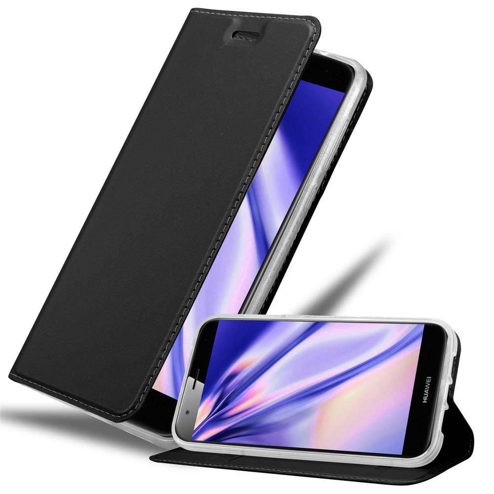 Funda negra para teléfono, teléfono dentro. El fondo es blanco.