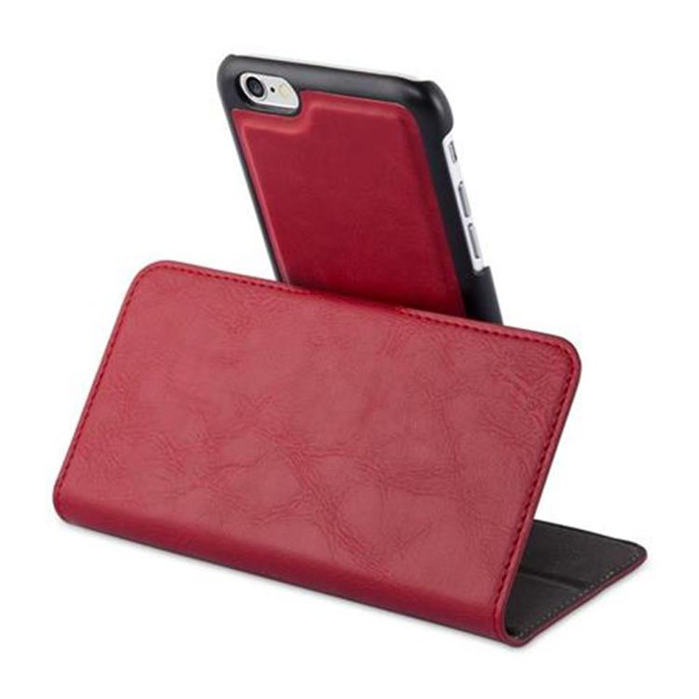 Ein Telefon in einer roten Brieftaschenhülle, hochgestellt. Das Telefon ist rot und schwarz.