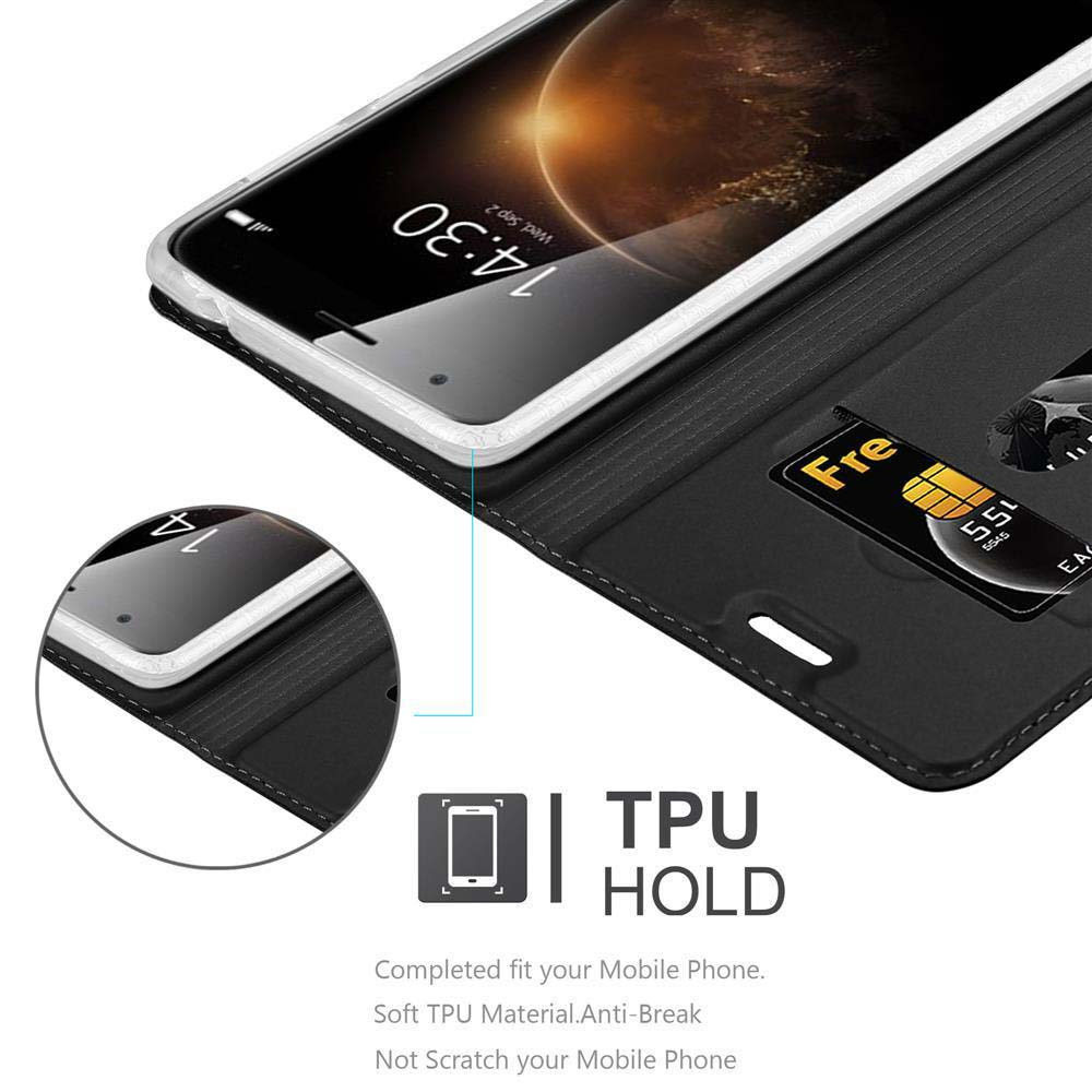 Teléfono en funda negra con tarjeta. Texto: 'TPU HOLD'.