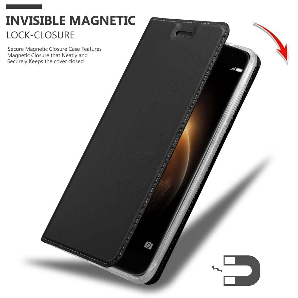 Funda de teléfono negra con tapa abierta. Texto: 'INVISIBLE MAGNETIC LOCK-CLOSURE'.