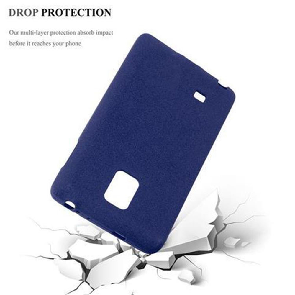 Una funda azul para teléfono sobre una superficie con grietas.