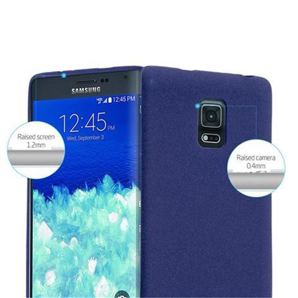Funda azul con teléfono dentro. También se ve la parte trasera del teléfono.