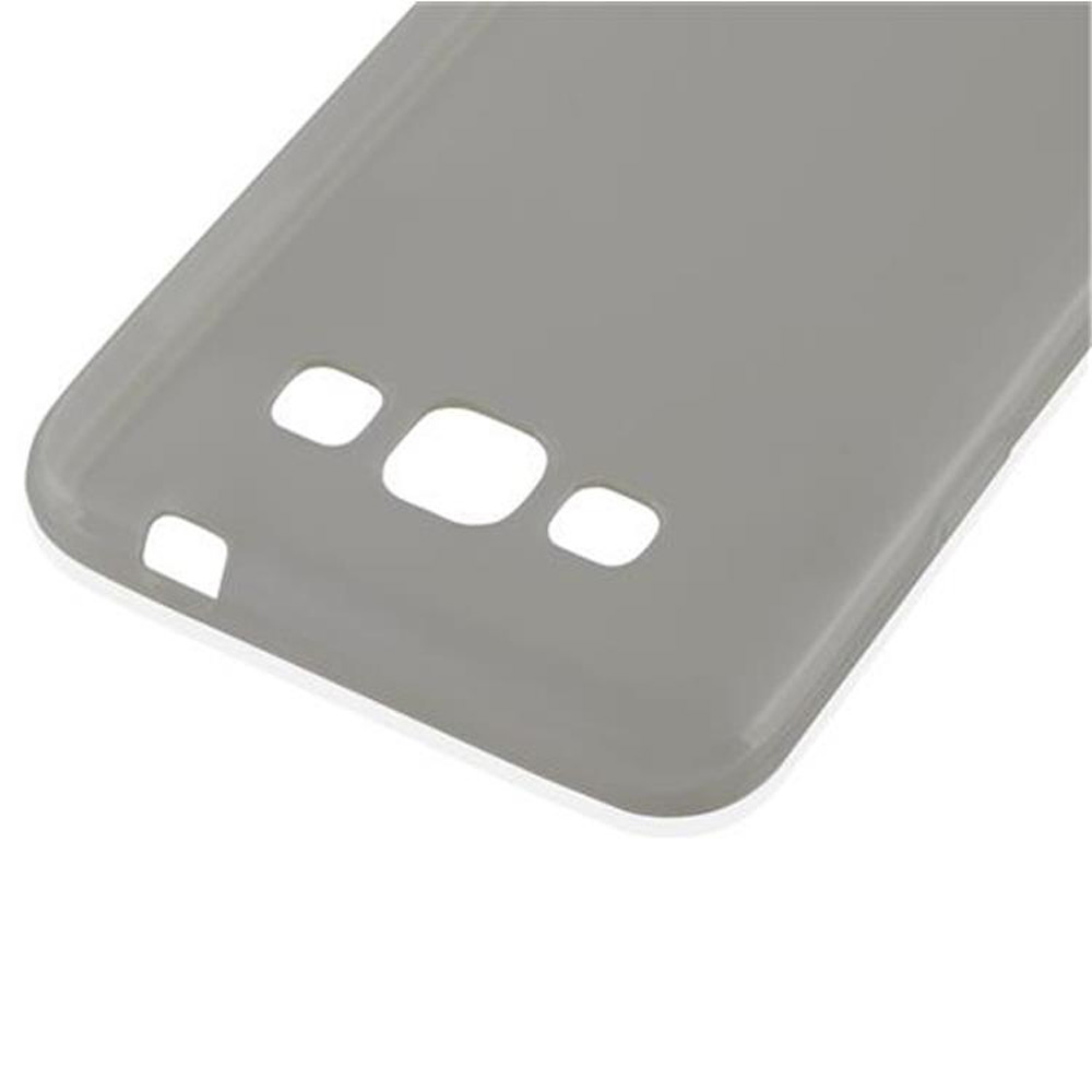Custodia grigia per telefono, con fori per fotocamera e altre funzioni, su sfondo bianco.