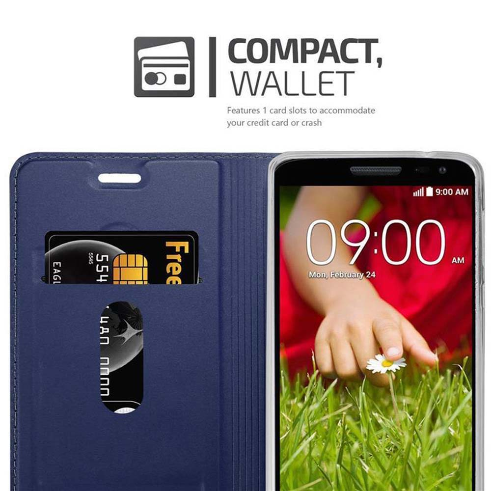 Custodia blu con telefono all'interno, slot per carte di credito. Il telefono mostra data/ora. Sfondo bianco.