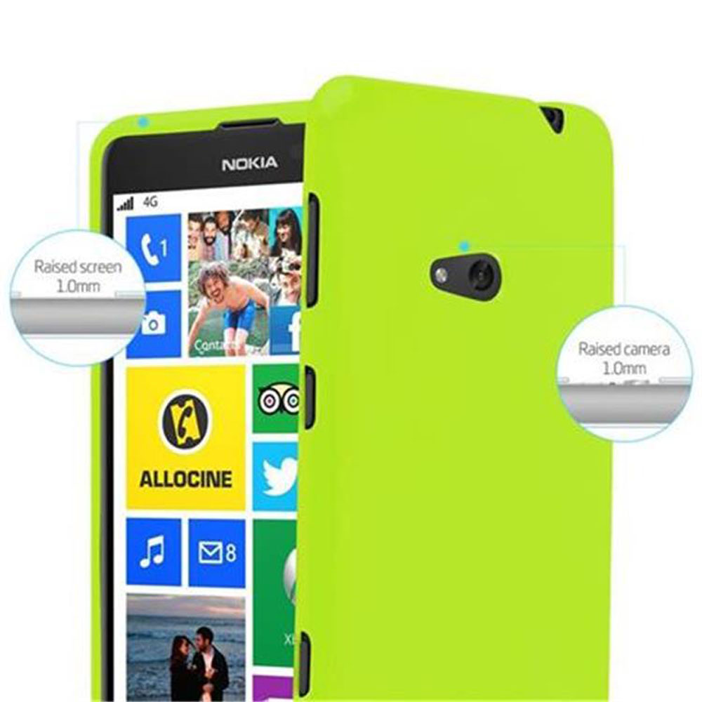 Coque de téléphone verte avec un téléphone Nokia à l'intérieur. Le téléphone affiche un écran d'applications coloré.