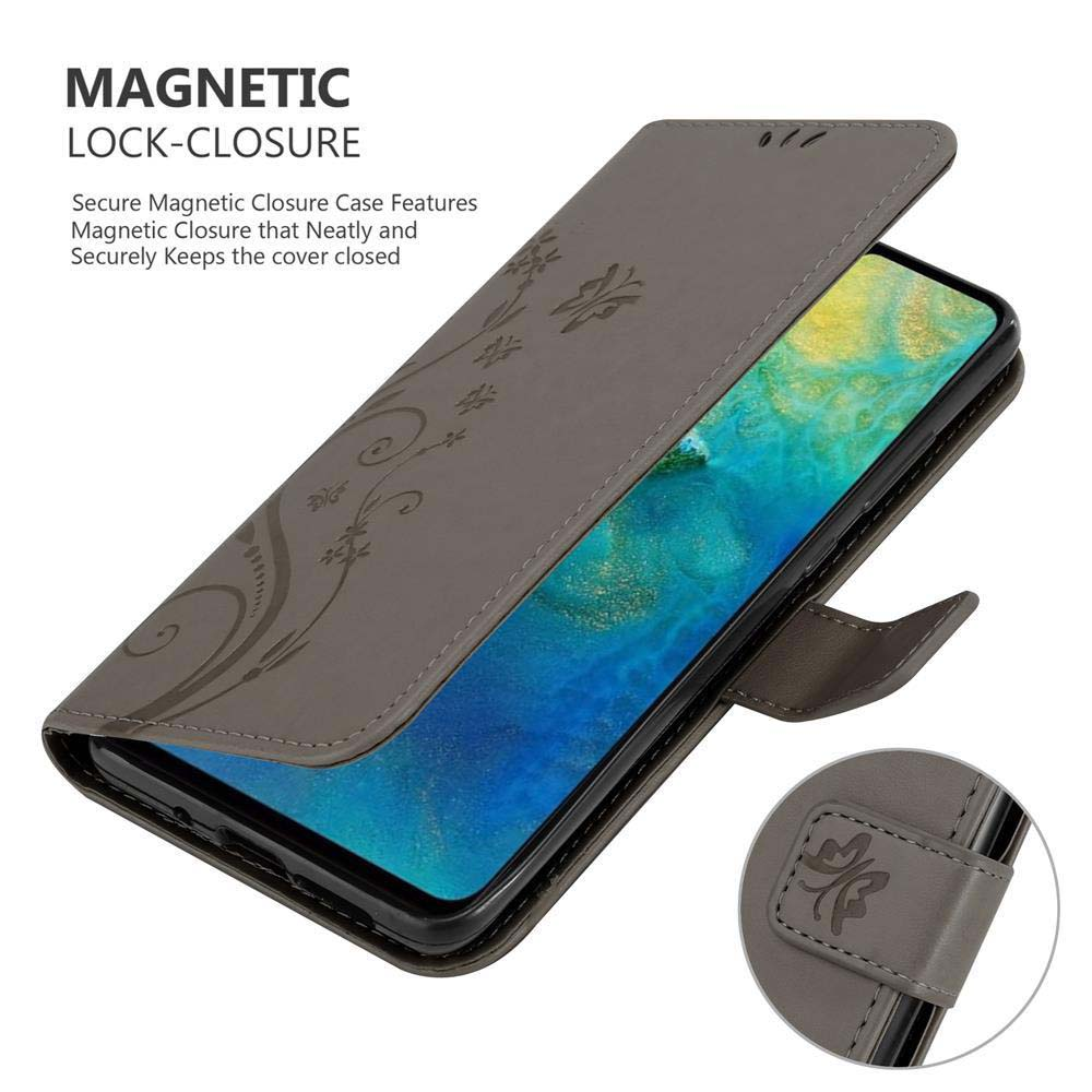 Custodia per telefono grigia con design floreale e chiusura magnetica. Schermo del telefono visibile.