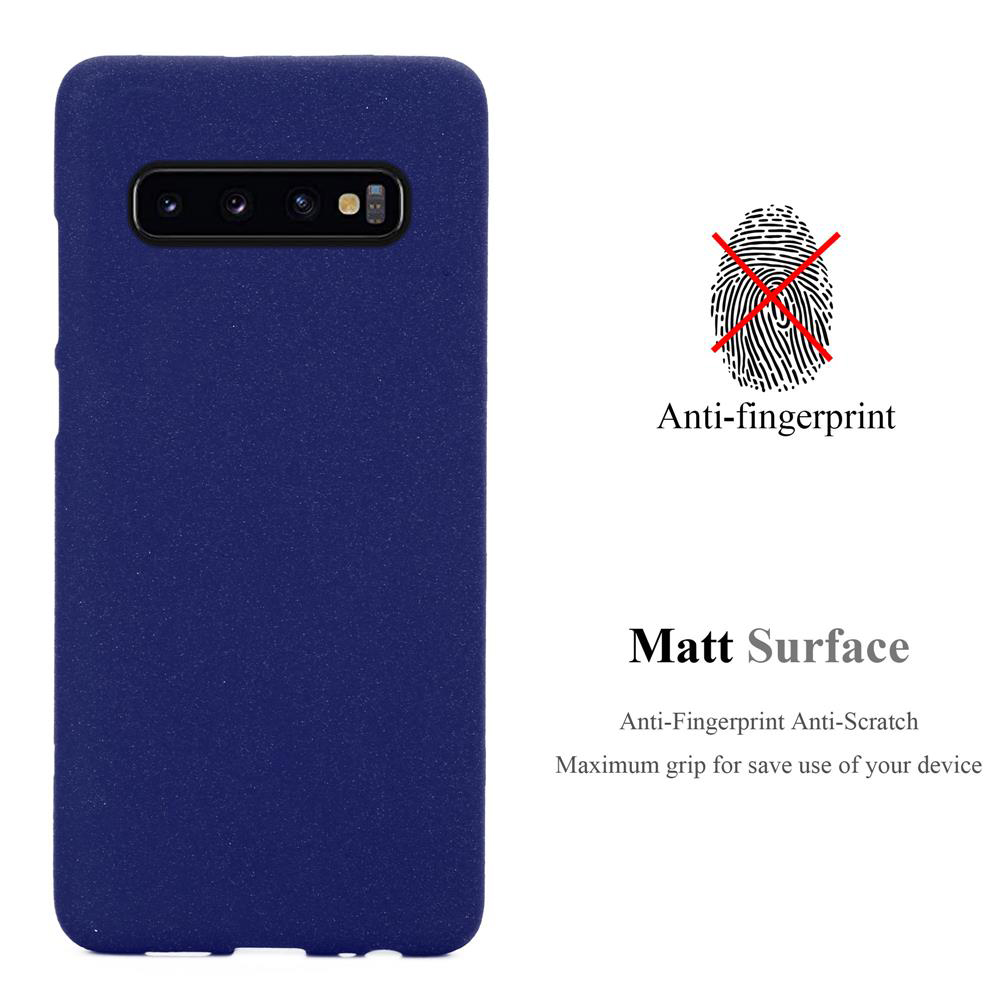 Una custodia blu navy con un telefono all'interno. Il testo dice anti-impronte e superficie opaca.