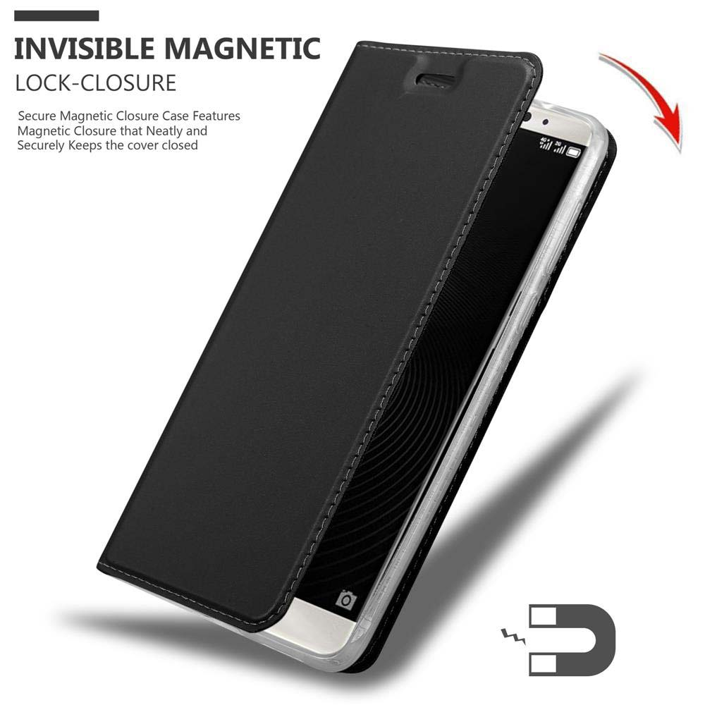 Funda negra con teléfono dentro. La funda tiene cierre magnético.