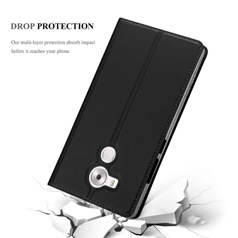 Funda de teléfono negra, mostrando una superficie agrietada. Texto: Protección contra caídas. Nuestra protección multicapa absorbe el impacto.