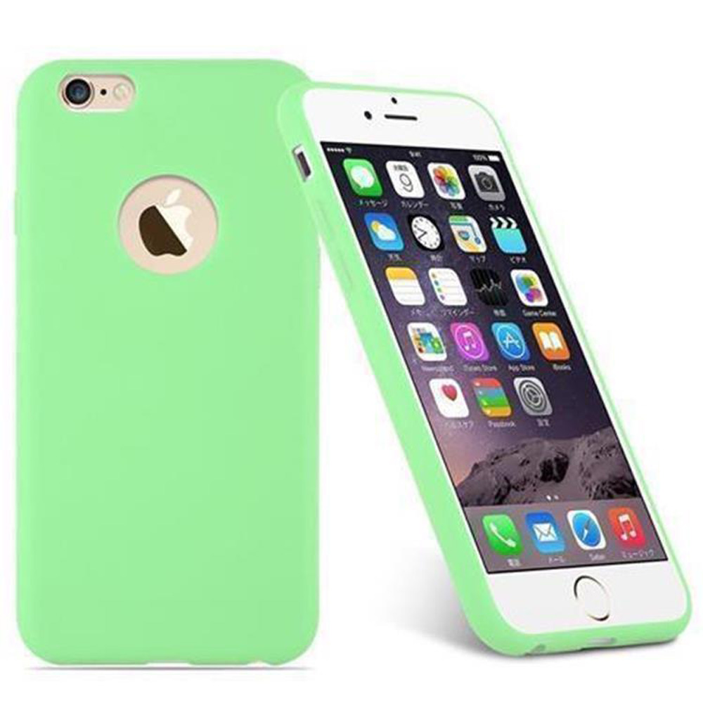 Una custodia verde per telefono con un telefono all'interno. Il telefono è bianco con il logo Apple nero.