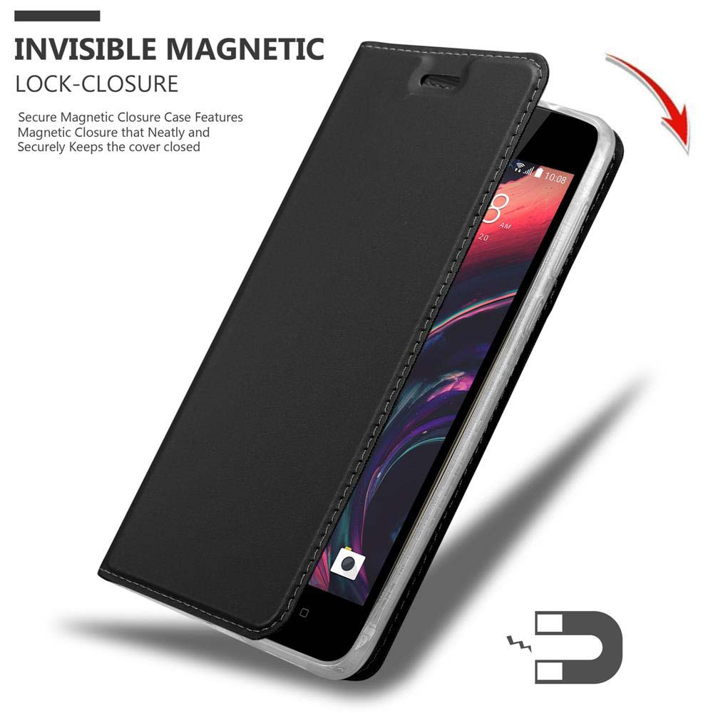 Custodia per telefono nera, aperta, con telefono all'interno, che mostra le caratteristiche della chiusura magnetica.