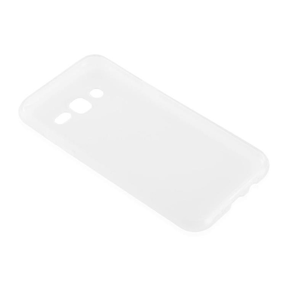 Una custodia bianca per telefono con fori per fotocamera e pulsanti su una superficie bianca. La custodia è vuota.