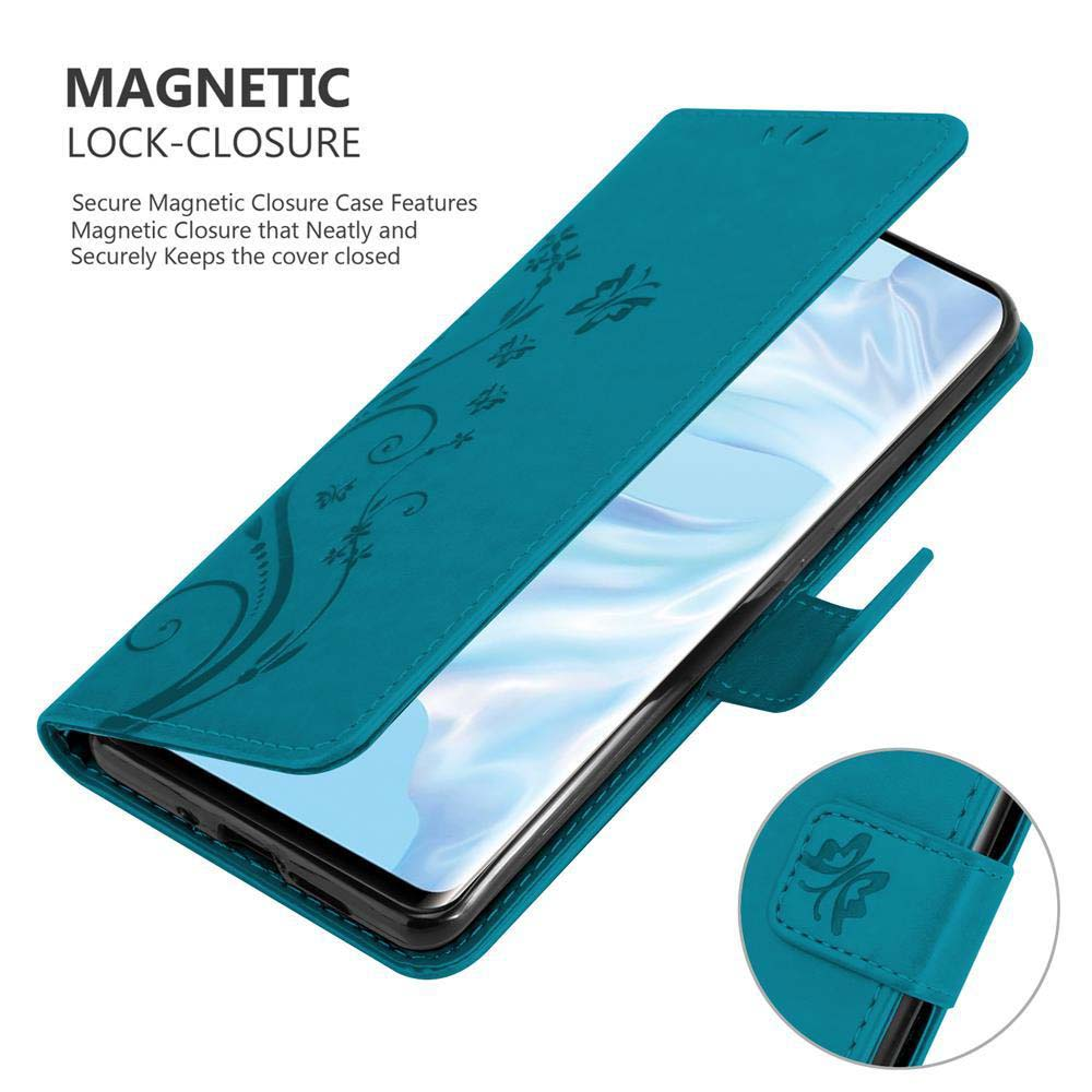 Una custodia per telefono verde acqua aperta con design floreale, che mostra lo schermo del telefono.