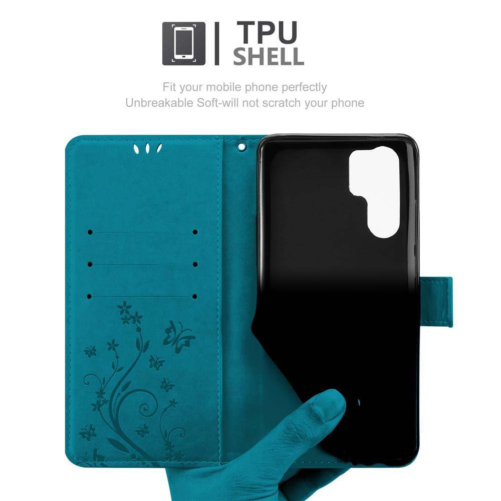 Custodia per telefono turchese con design floreale. Un telefono nero è all'interno.