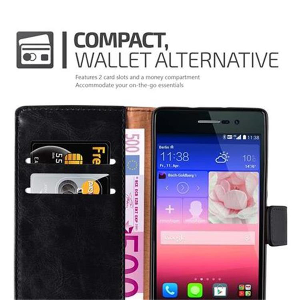 Smartphone negro en una funda de cartera con tarjetas y un billete de 500 euros frente a un fondo blanco.