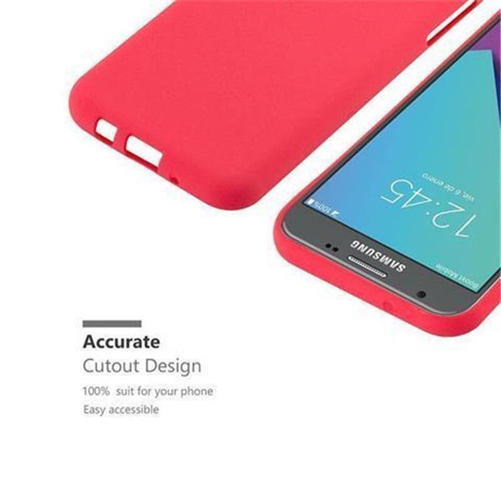 Custodia telefono rossa, parzialmente coprente, mostra telefono con ora.