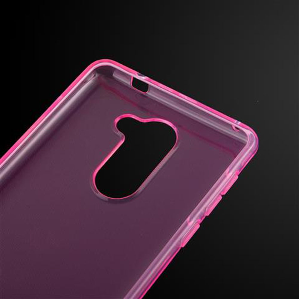 Custodia trasparente viola con bordi rosa su sfondo nero.