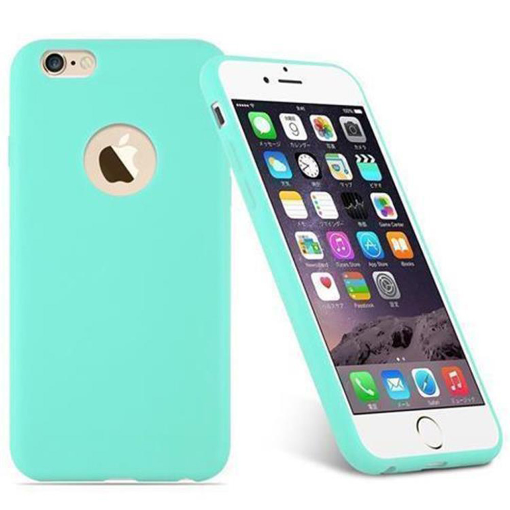 Ein Telefon befindet sich in einer teal-farbenen Hülle, neben der passenden Hülle. Der Bildschirm des Telefons ist an, zeigt App-Symbole.