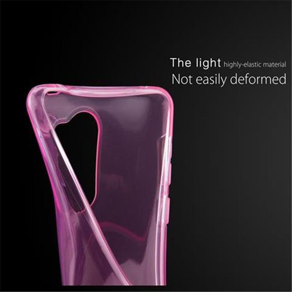 Custodia per telefono rosa. Plastica trasparente, con un ritaglio per la fotocamera del telefono. Sfondo nero.