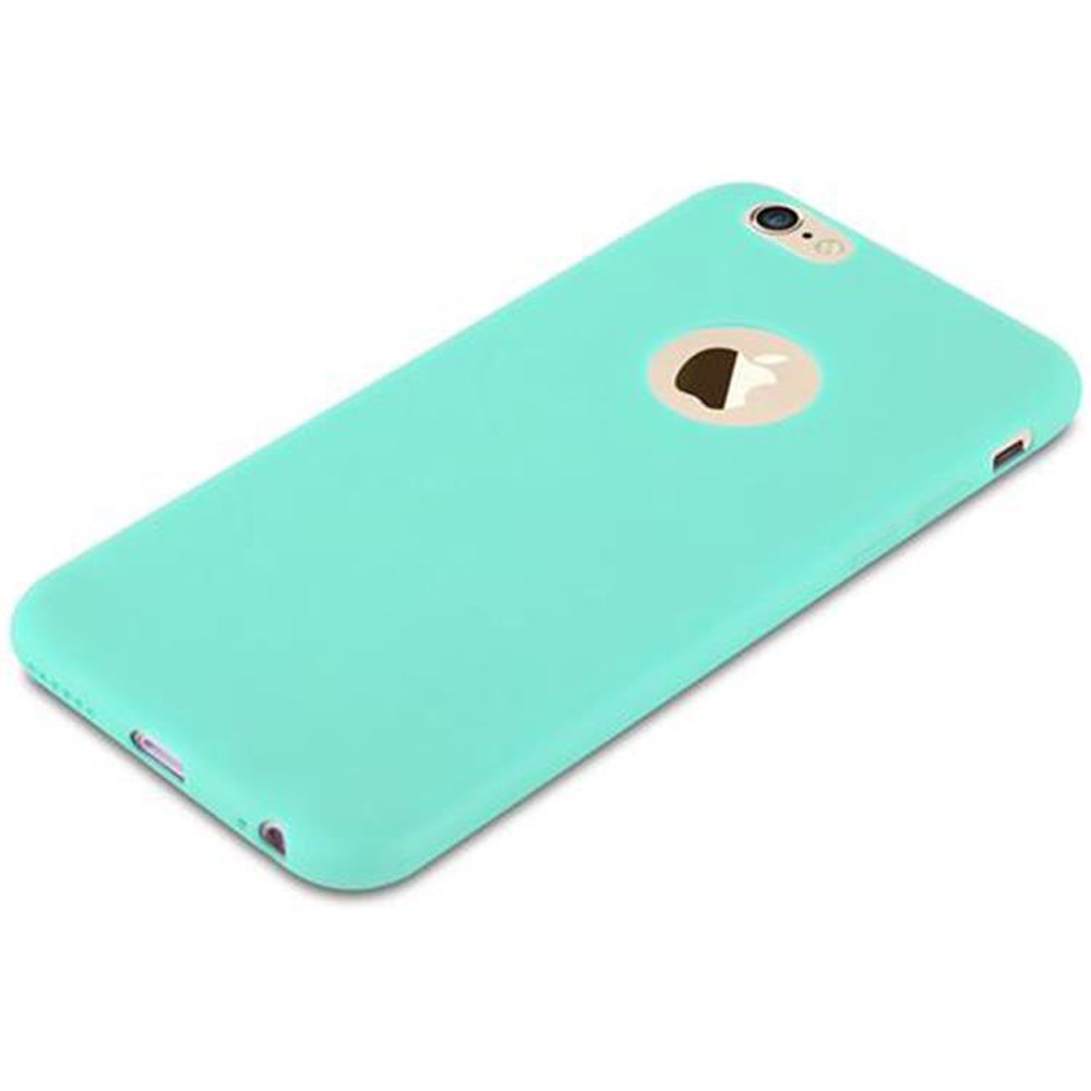 Mintgrünes Telefon. Apple-Logo auf der Rückseite. Abgerundete Ecken. Kamera und Tasten sichtbar.