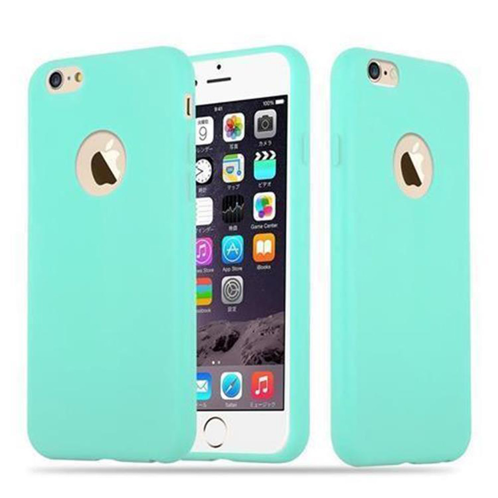 Tre custodie color acqua per telefono, una aperta che mostra il telefono con le app. Il logo Apple è visibile.