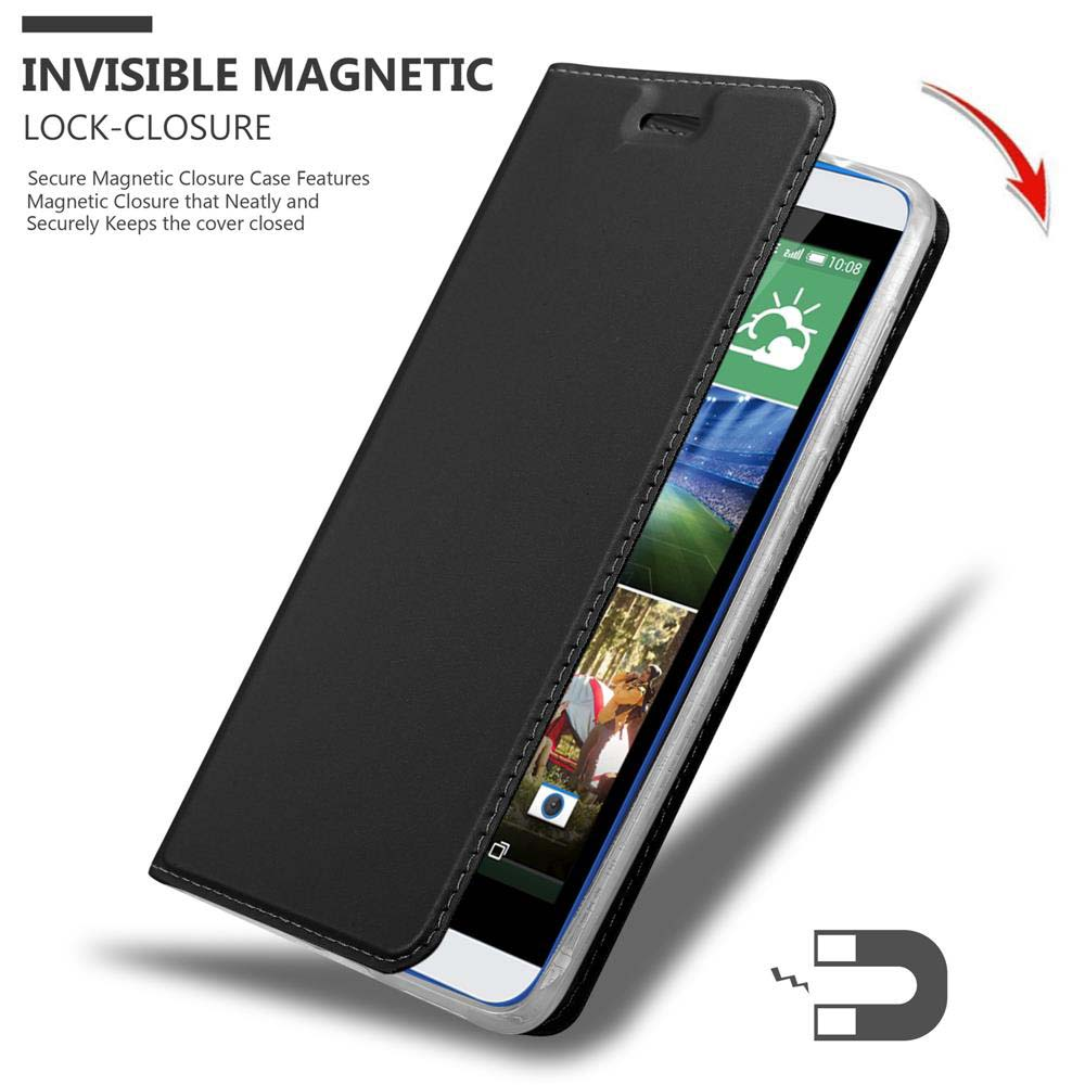 Custodia nera con telefono all'interno, aperta. Un magnete è mostrato a destra.