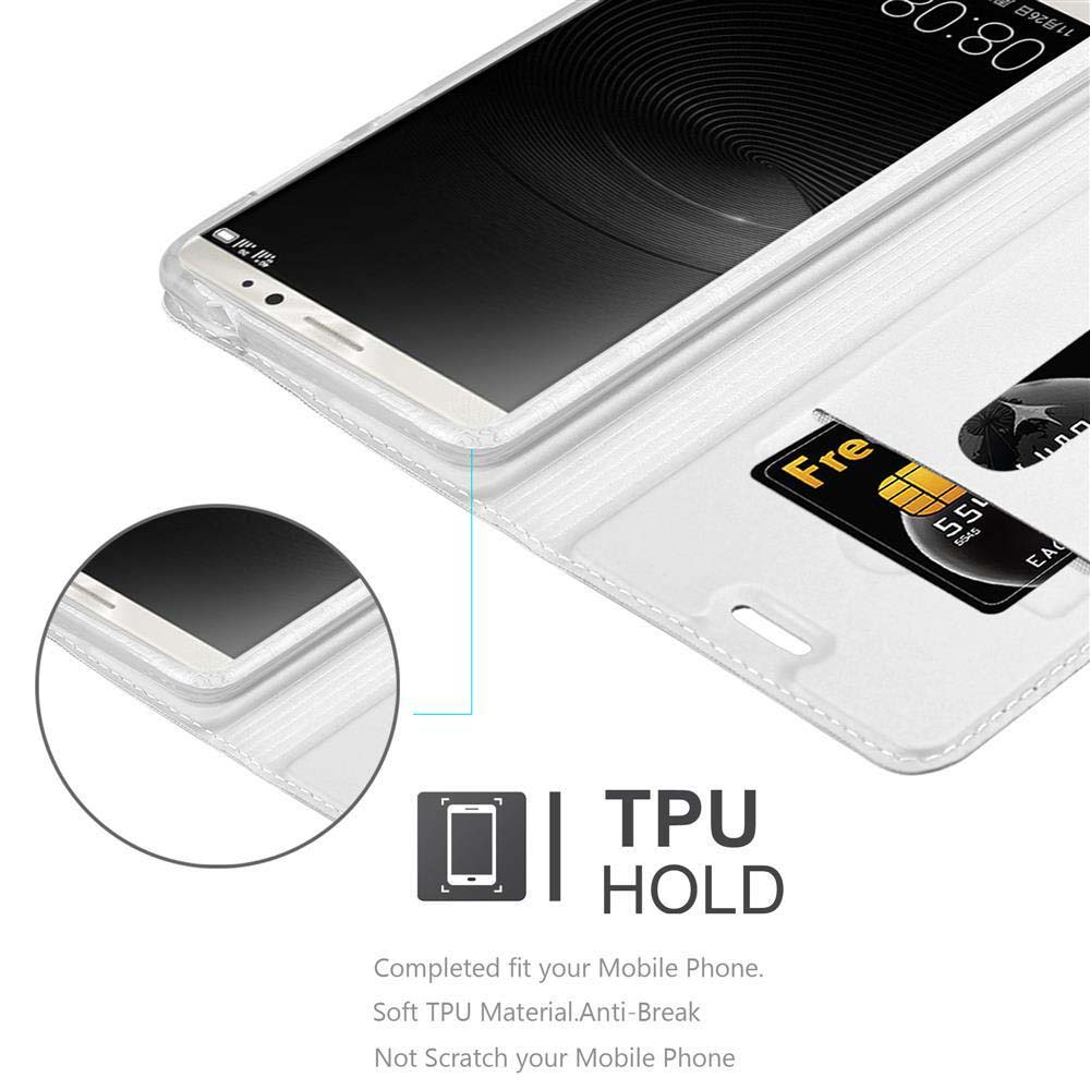 Un teléfono está dentro de una funda blanca, con una tarjeta de crédito visible. La pantalla muestra la hora.