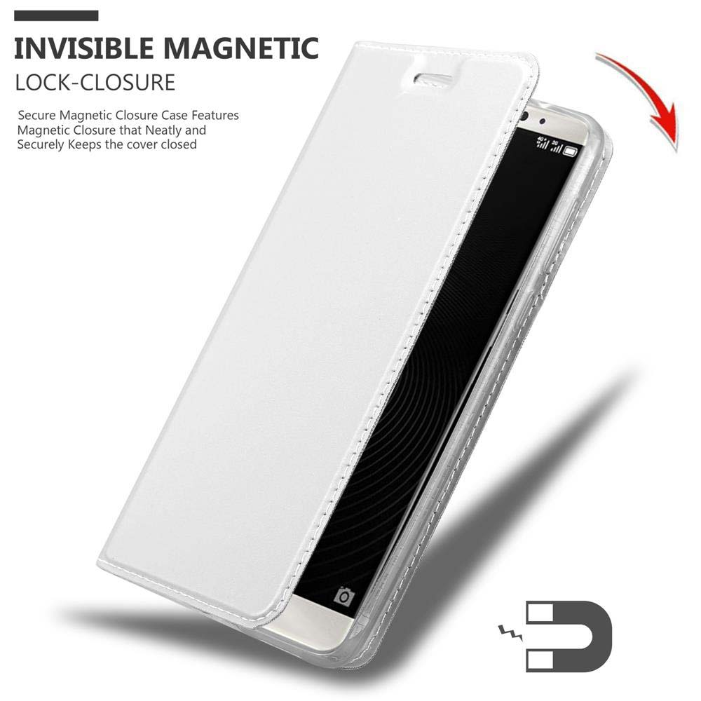 Funda de teléfono blanca con tapa abierta. Texto: 'INVISIBLE MAGNETIC LOCK-CLOSURE'.